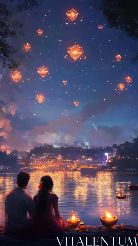 Couple Watches Floating Lanterns Over Glowing Riverside City.