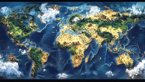 Illustrated fantasy world map renders continents in vivid relief