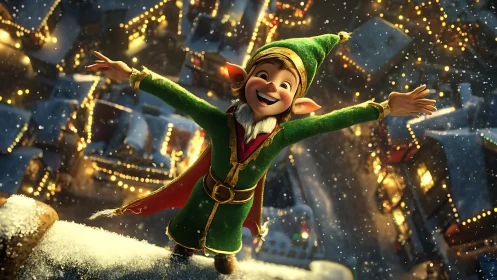 Joyful Christmas elf celebrates above glowing snowy town