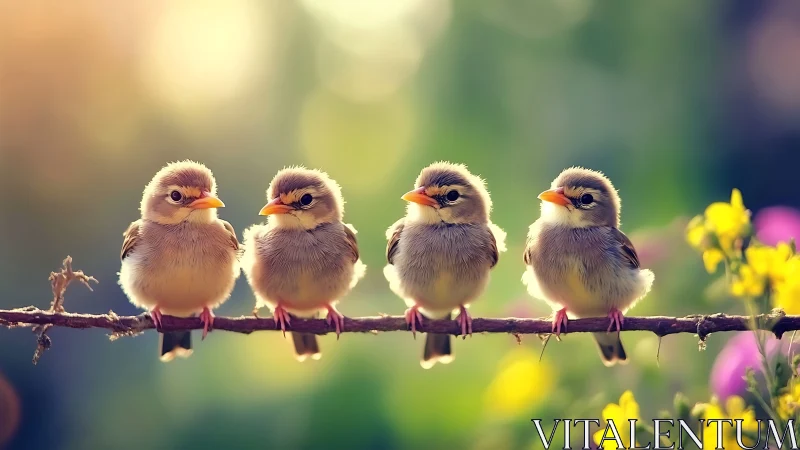 Four Adorable Fluffy Birds on Branch, Vibrant Spring Nature Scene.