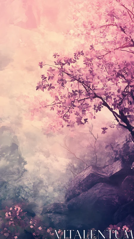 Cherry blossom tree leans over misty rocky forest ravine