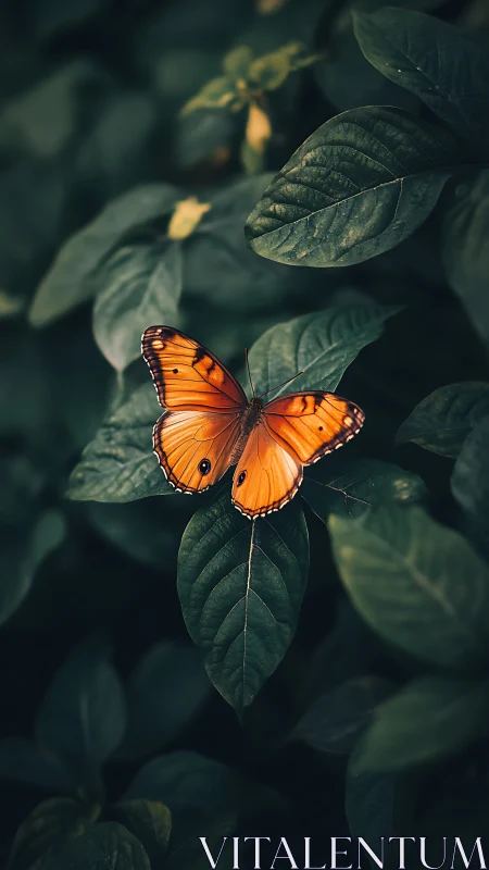 Orange butterfly rests on deep green leaves in soft focus