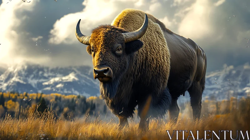 Majestic bison strolling calmly beneath glowing mountain skies.