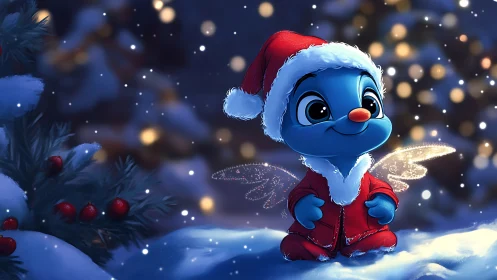 Digital painting of blue Christmas creature in snowy bokeh scene.