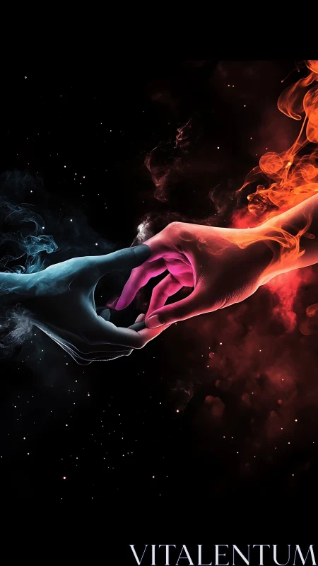 Luminous Energy Collision. Two Hands Meet Cosmic Fire.