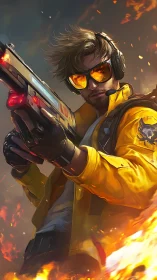 Tactical gunner in yellow jacket amid dynamic firestorm.