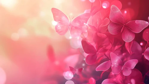 Pink luminous butterflies in soft glowing bokeh garden.