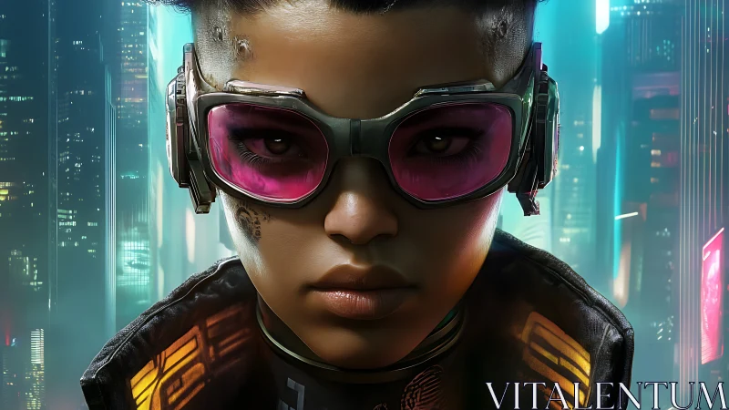 Cyberpunk character portrait with neon city background