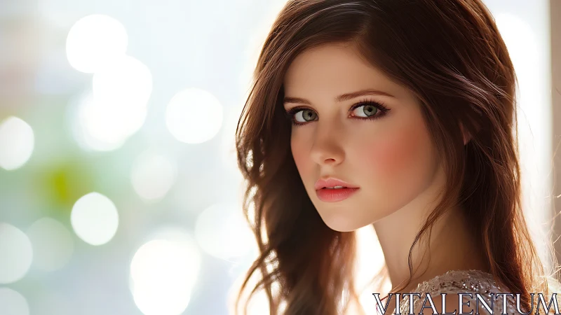 Luminous gaze amid soft bokeh constellations of morning light.