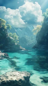 Turquoise canyon river under luminous storm-built clouds.