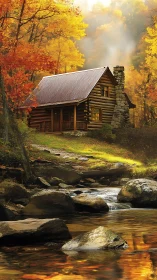 Sunlit log cabin above autumn creek in warm atmospheric light