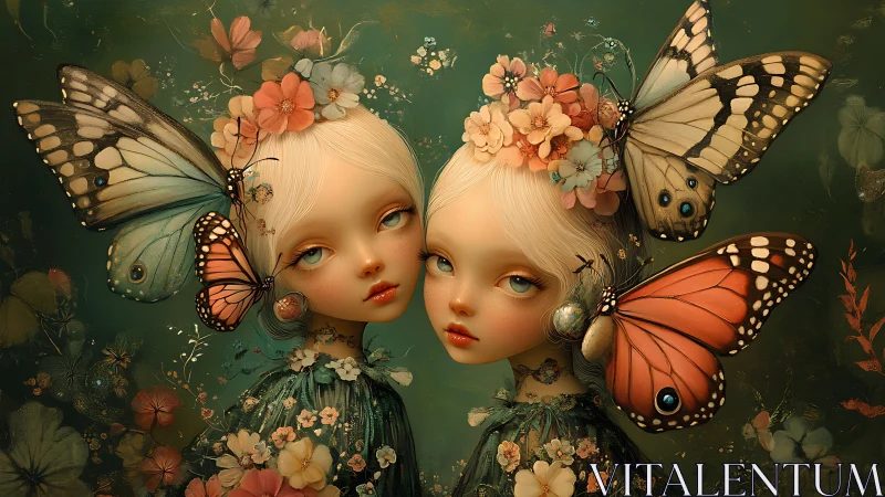 Twin doll-like girls pose with oversized butterflies in bloom
