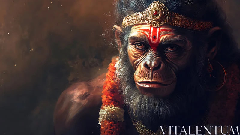 Regal simian guardian crowned in ember-bright divinity.