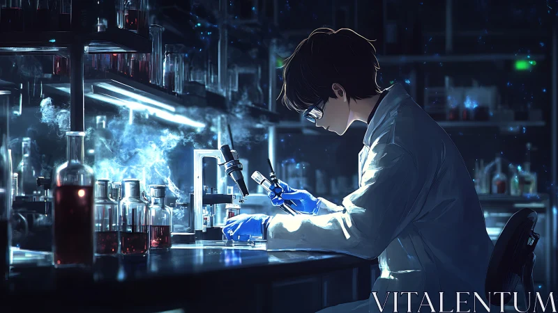 Focused lab researcher in blue lit futuristic laboratory.