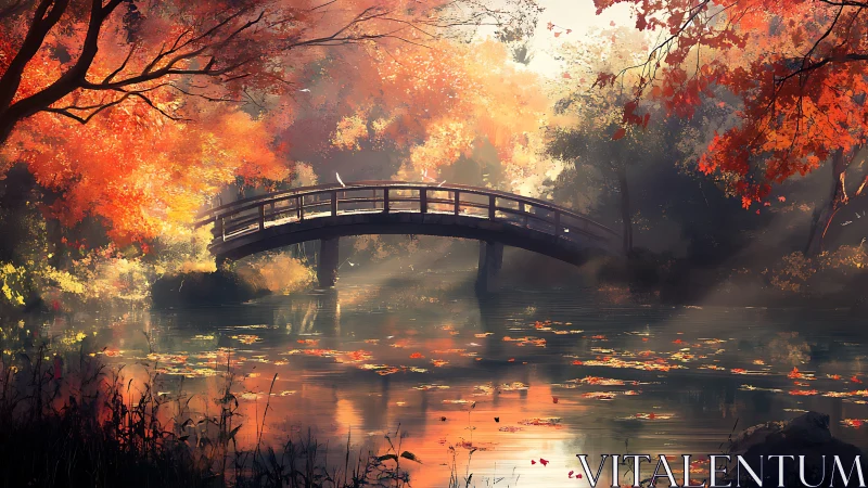 Autumn bridge over reflective forest pond at sunrise.