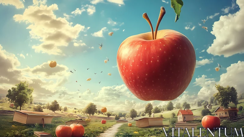 Surreal countryside with monumental levitating apple centerpiece.