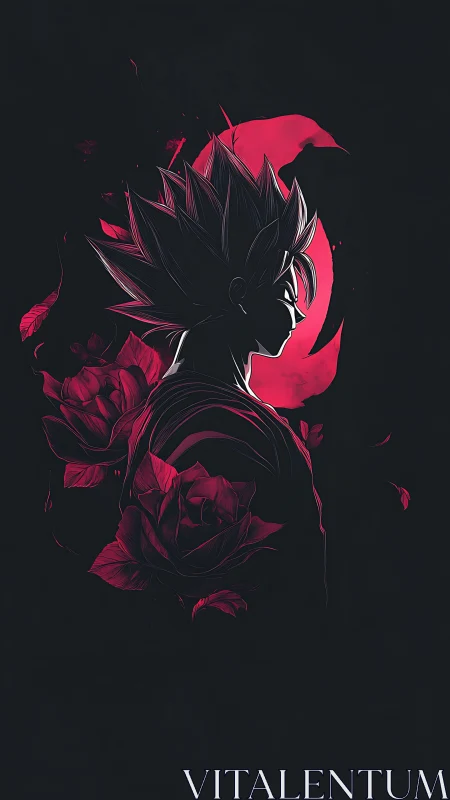 Silhouetted spiky-haired figure with red roses and crescent.