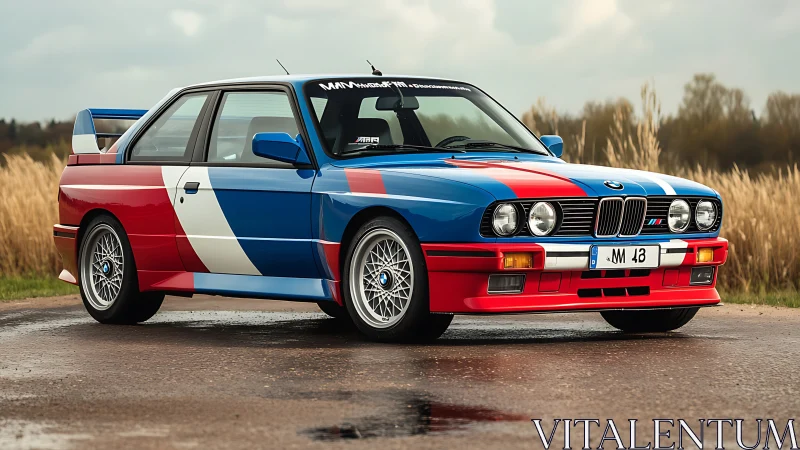 BMW E30 M3 coupe in tricolor livery on wet rural road.