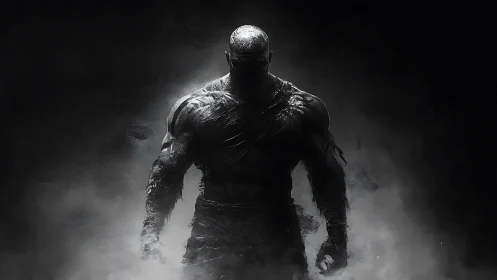 Shadow titan emerges from smoke in stark monochrome void.