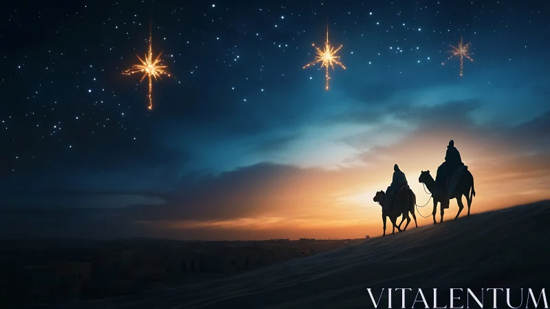 Three wise men ride camels beneath luminous desert stars