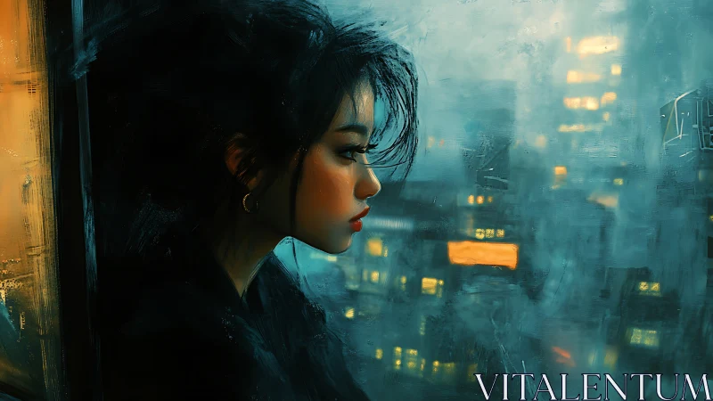 Melancholic profile by rain-soaked neon city window, digital painting.
