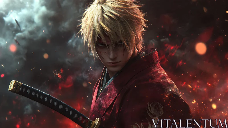 Brooding blond swordsman stands amid swirling embers and ash.