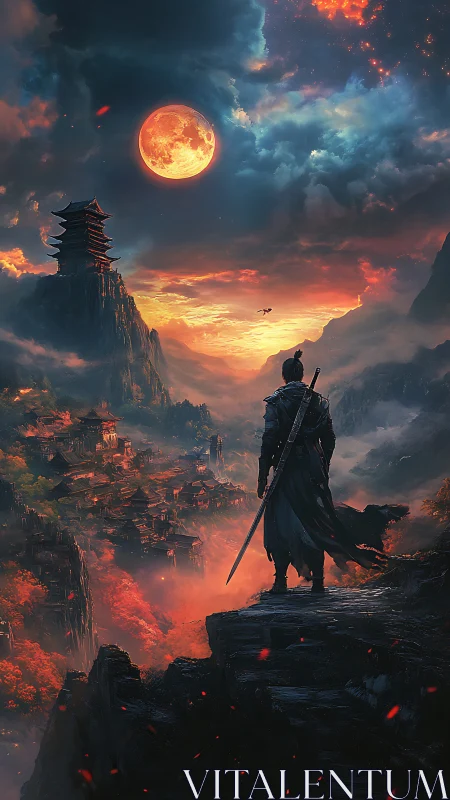 Lone warrior observing ember-lit valley beneath blood moon.