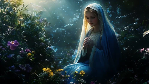 Gentle maiden in blue praying softly in a glowing garden.