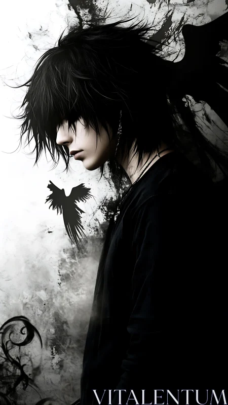 Brooding dark angel profile amid abstract ink wings.