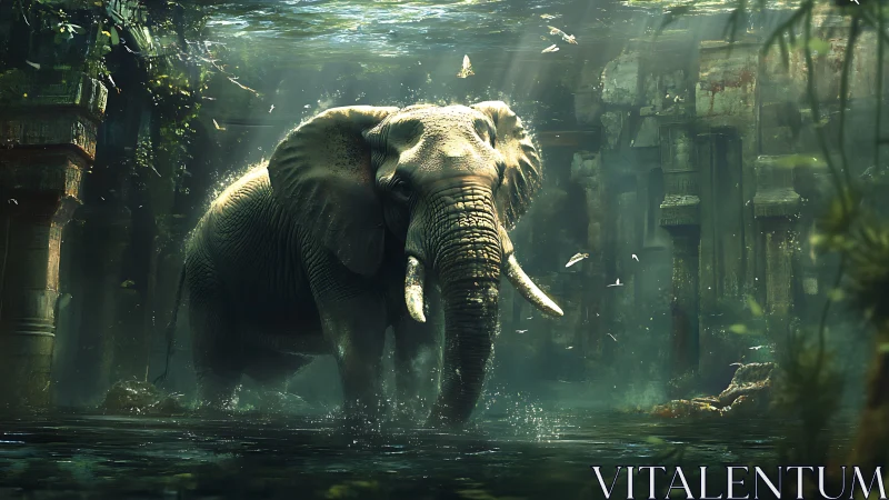 Majestic elephant strides through flooded ancient ruins.