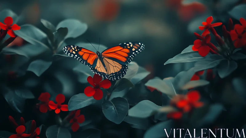 Monarch butterfly on red flowers in soft garden foliage.