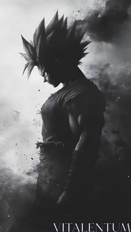 Monochrome anime warrior rendered in high contrast particle decay