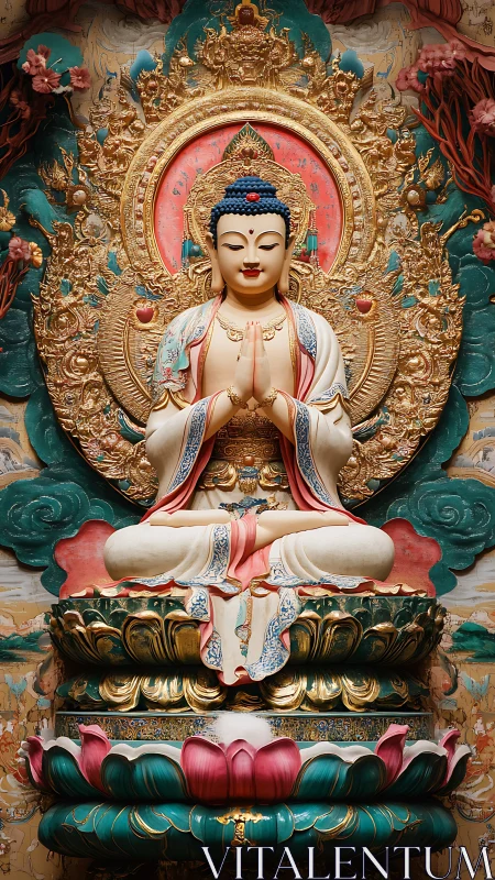 Ornate seated Buddha statue rendered with high-relief gilded detailing