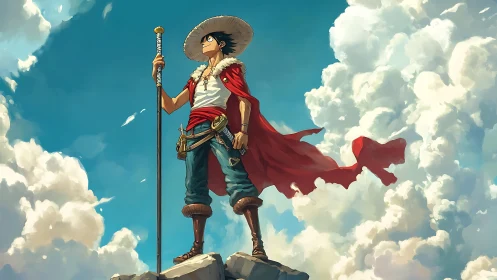 Skyward wanderer in crimson cloak above roaming clouds.