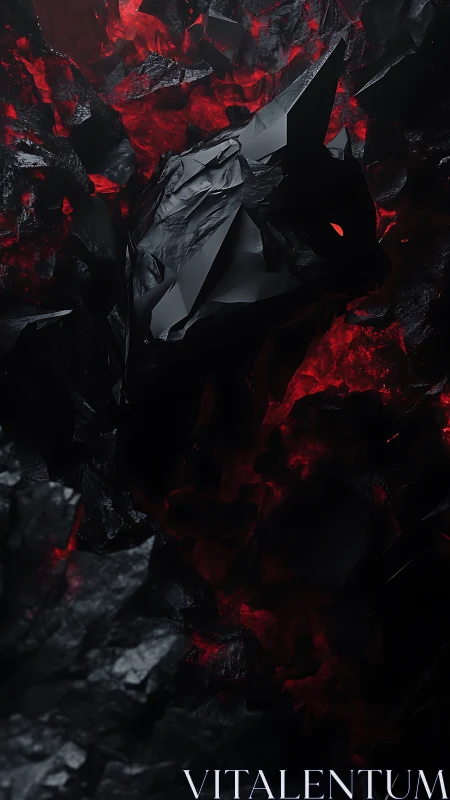 Low-poly black fox head emerges from glowing red shards