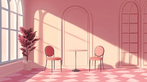 Sunlit pink parlor where quiet conversations almost happen.
