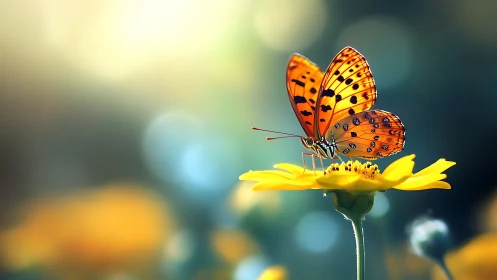 Orange butterfly poised on yellow blossom in soft bokeh glow.