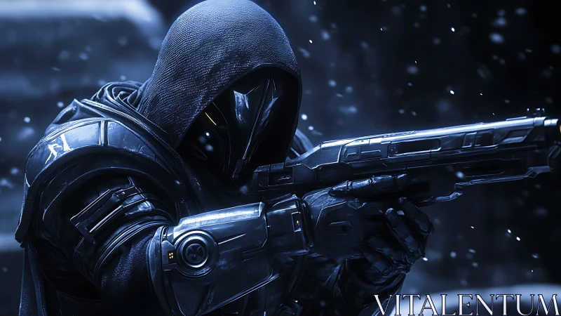 Hooded sci fi soldier aiming rifle in icy night scene.