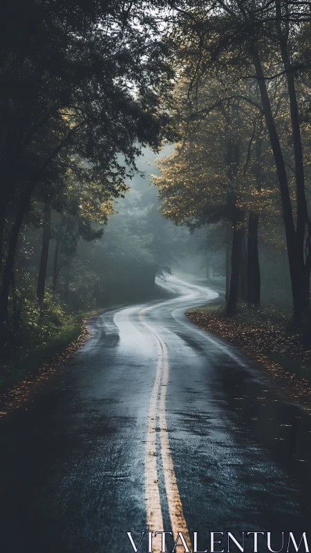 Wet Asphalt Road Tunnel Through Deciduous Forest with Golden Canopy.