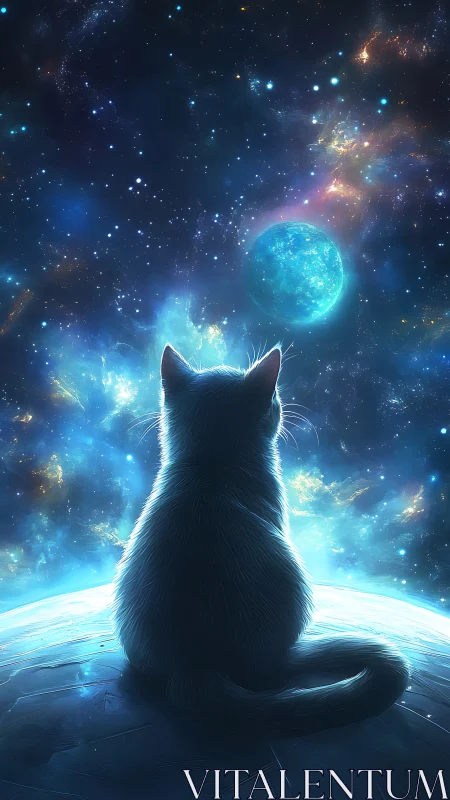 Luminous feline silhouette observing nebular lunar horizon.