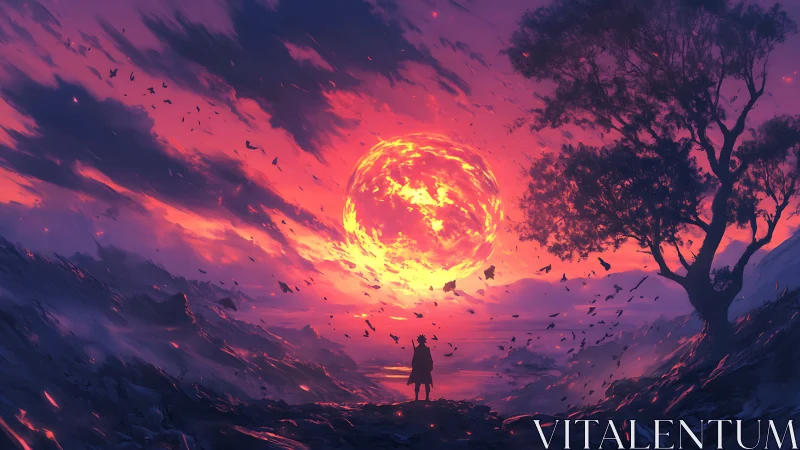 Silhouetted figure watches blazing sun over surreal coast