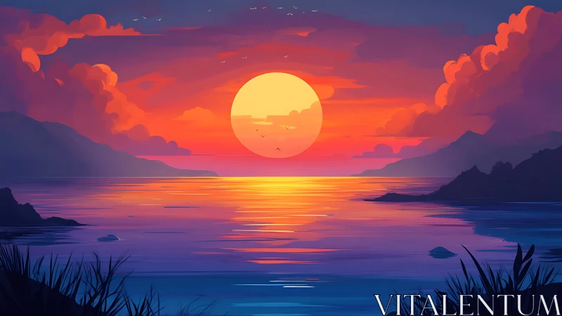 Radiant coastal sunset with stylized clouds and reflections.
