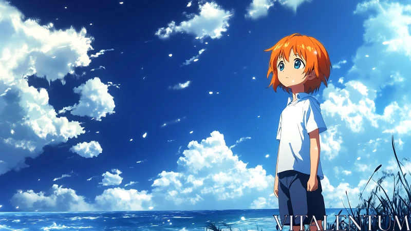 Daydreaming child under a wide, endless summer sky.