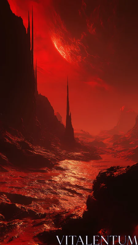 Crimson rivers wander beneath a burning alien horizon
