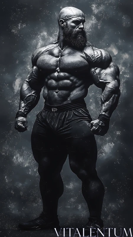 Titan of steel-gray muscle commands a stormlit void