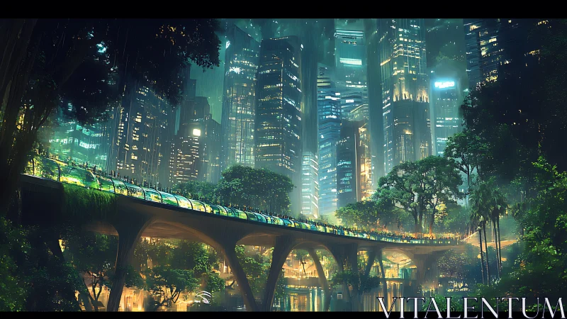 High-density biophilic megacity skyline integrates elevated transit greenway