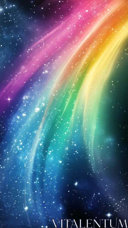 Rainbow light trails arc diagonally through dense starfield