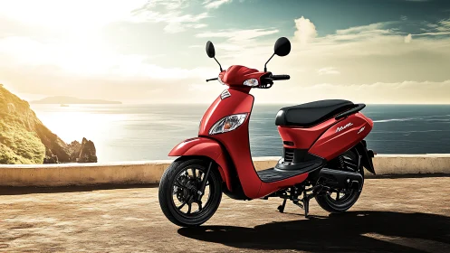 Red coastal scooter in cinematic golden hour lighting.