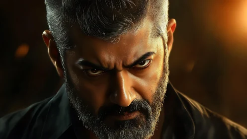 Intense silver-haired man in dramatic warm portrait lighting.