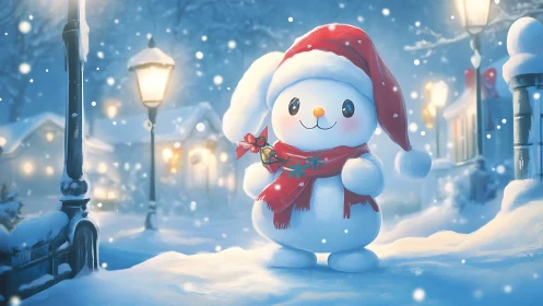 Snowman in Santa hat on winter street with lampposts at night.